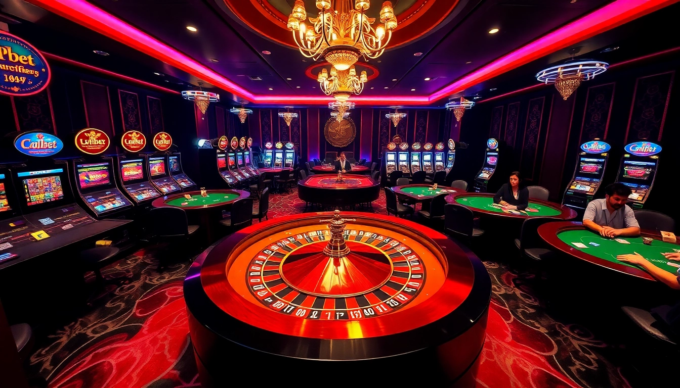 Exciting i9bet casino scene with roulette, poker tables, slot machines, and vibrant gaming atmosphere.