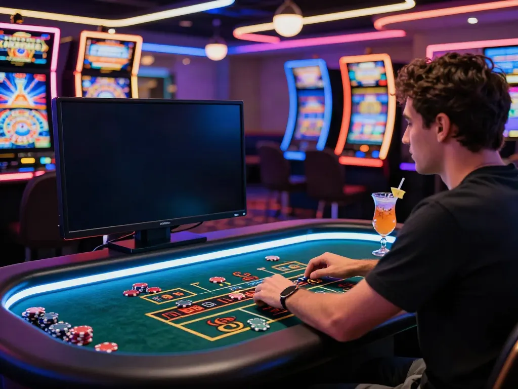 Engaged player at an online casino not on Gamstop, vibrant chips and lively atmosphere.