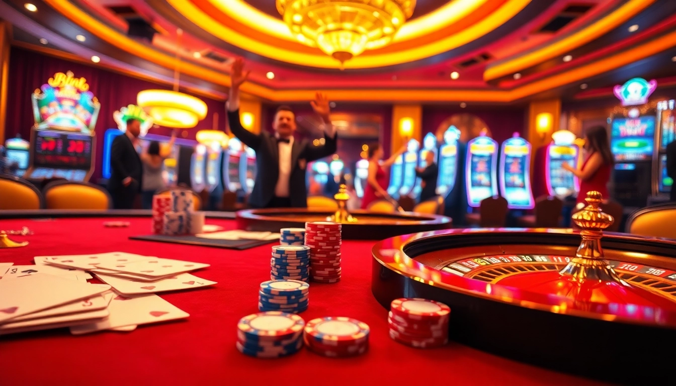 Experience the thrilling atmosphere of 8KBET with players engaged at elegant casino tables and vibrant slot machines.