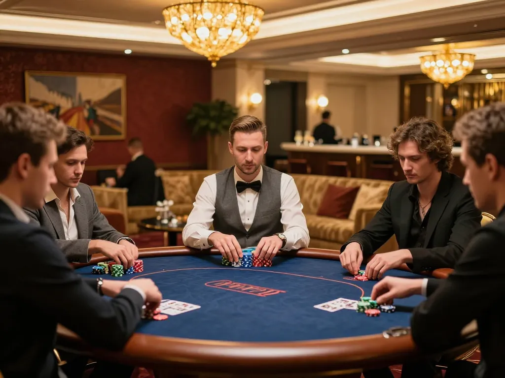 Engaged players focusing on high-stakes poker game at HM88's luxurious table with colorful chips
