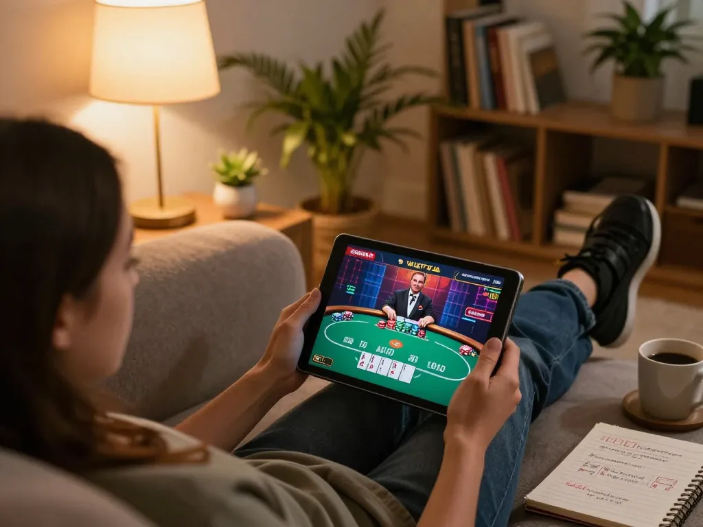 O8 player enjoying online poker on a tablet in a cozy home setting.