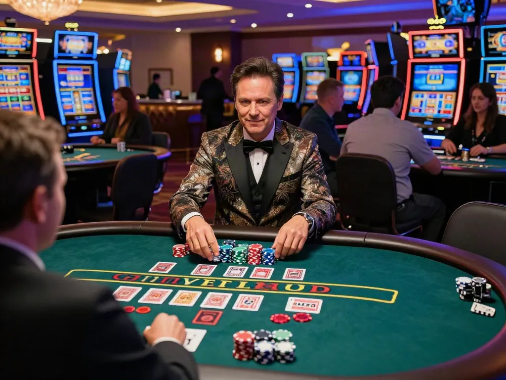 Engaged player enjoying a game at a casino not on gamstop with vibrant atmosphere and lively decor.