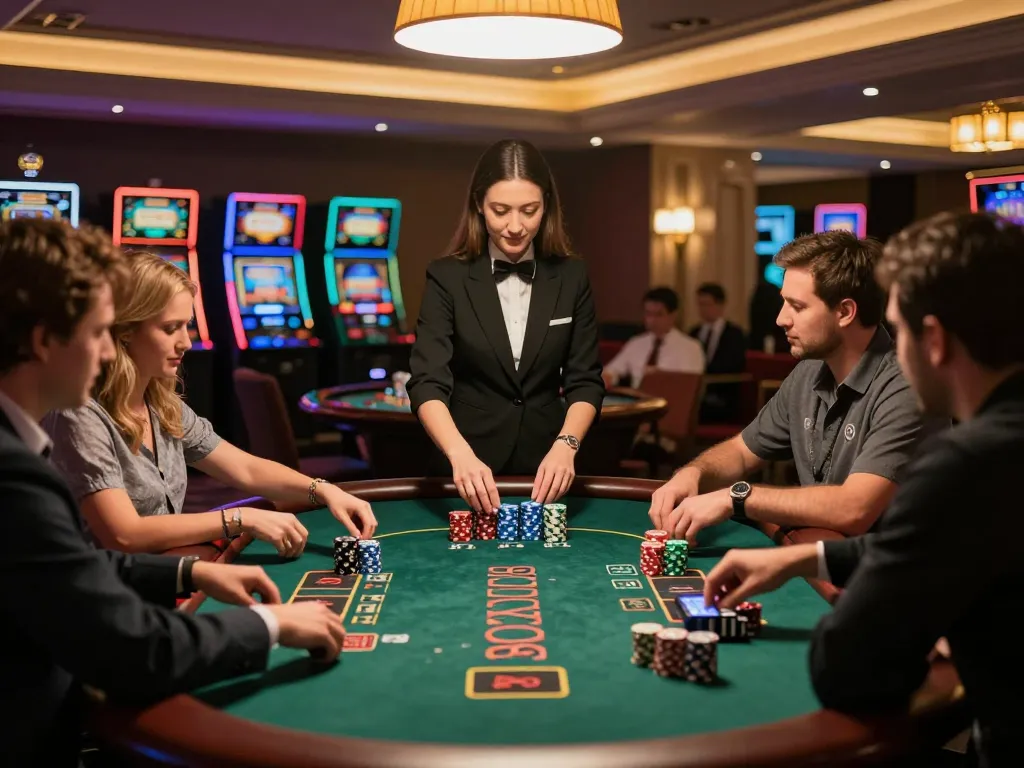 Players strategizing at cm88 blackjack table with vibrant casino ambiance and warm lighting.