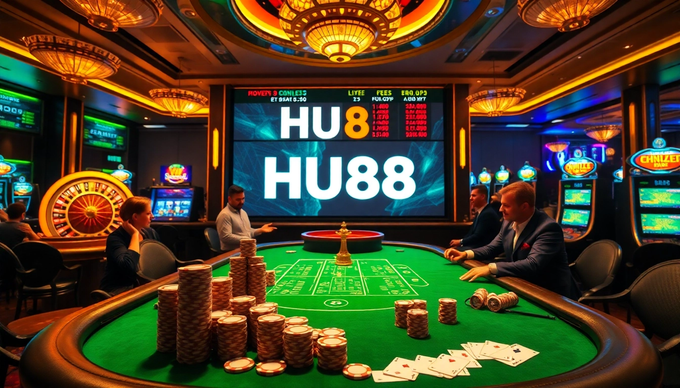 Gamblers at a vibrant poker table with HU88 branding amid colorful casino ambiance.