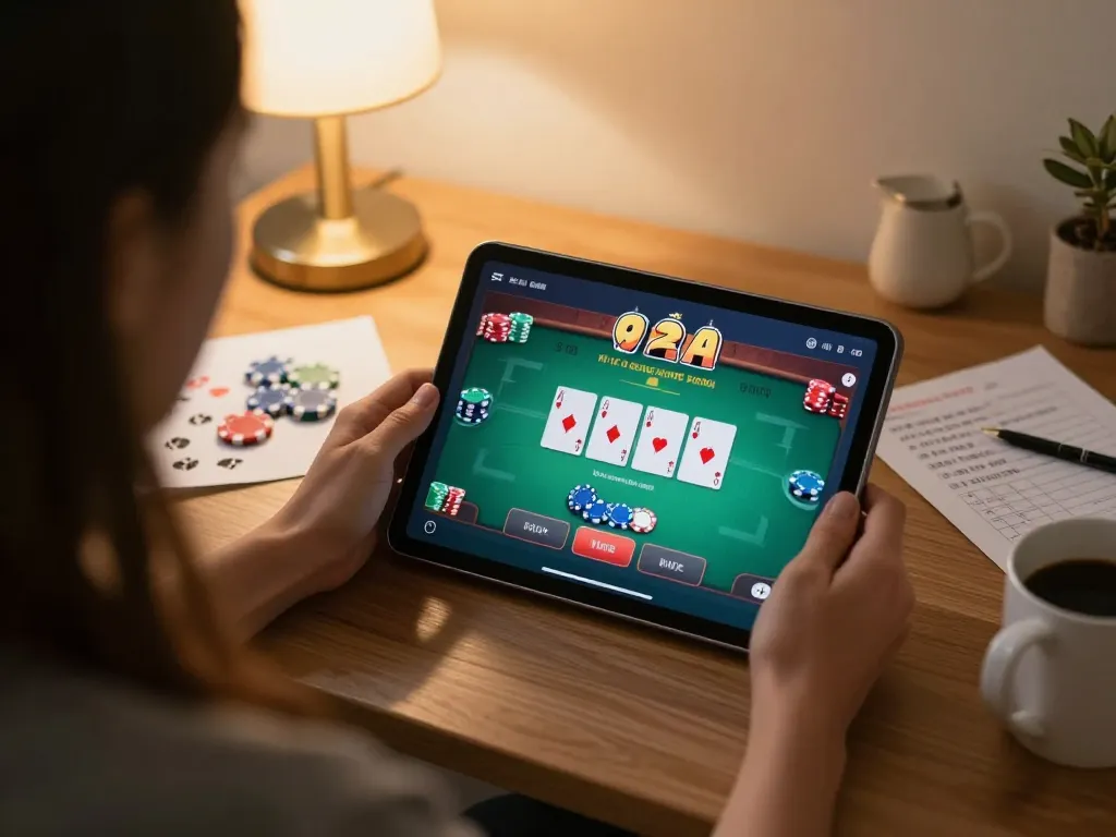 Engaging in online gambling with vmax plays on a tablet, illustrating responsible gaming at home.