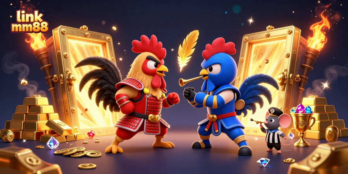 Clash of roosters in samurai and ninja gear, showcasing link mm88's thrilling betting action.