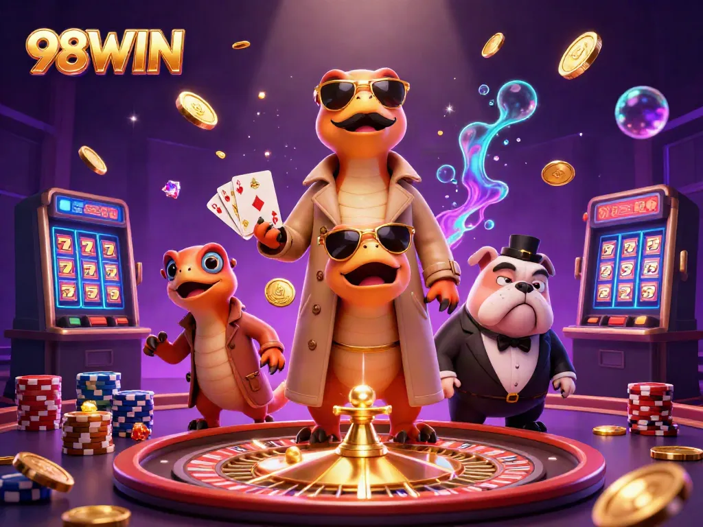 Experience the excitement at 98WIN with animated characters entering a VIP casino, surrounded by vibrant game elements.