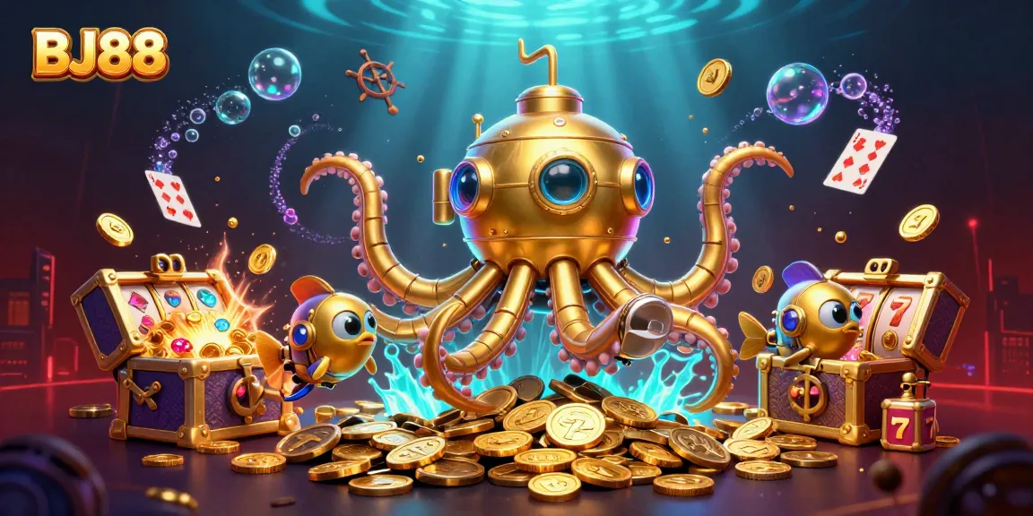 Engage with BJ88 while navigating through a vibrant underwater casino scene filled with treasure and game symbols.