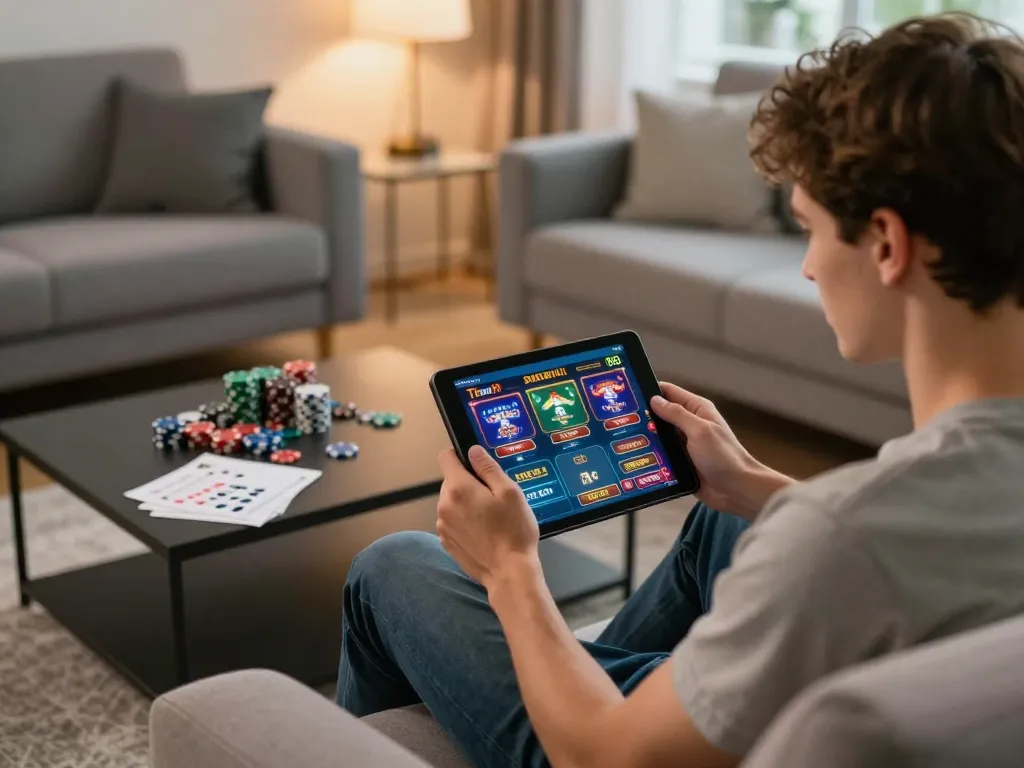 Engaged player enjoying online casino games at home, showcasing 999bet interface.