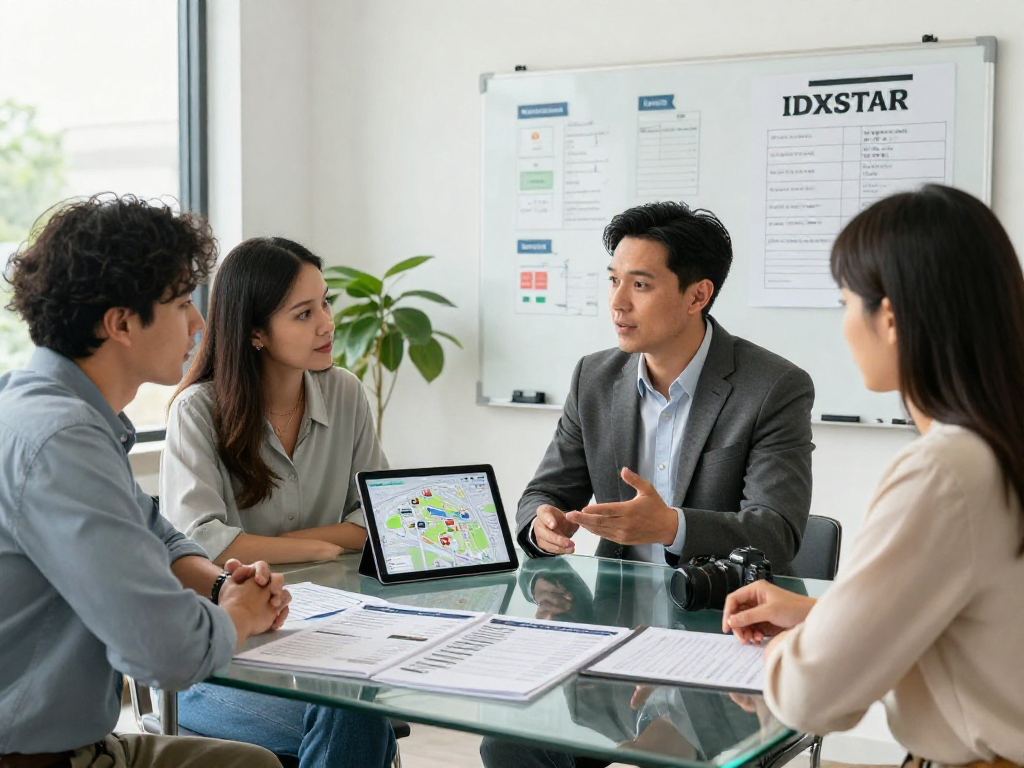 Real estate agent presenting IDXSTAR property listings to clients in a modern office.