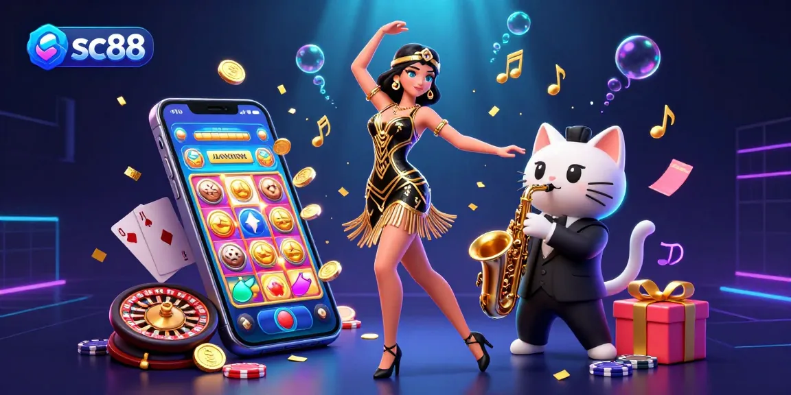 Win big at sc88 while enjoying vibrant casino fun with slots, cards, and musical elements swirling around.