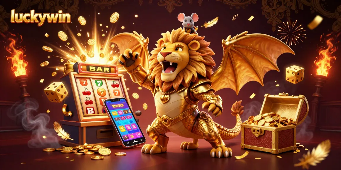 Experience luckywin excitement as a golden chimera triumphs with jackpot symbols bursting around.