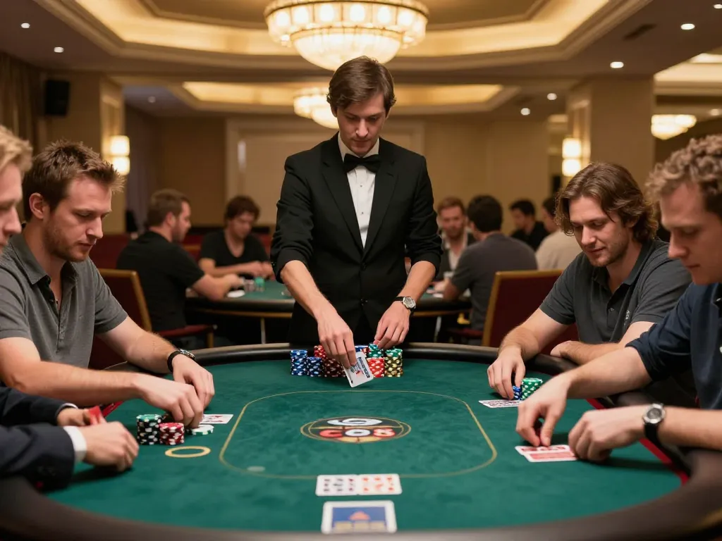 Players at the GO8 casino experience intense poker gameplay with colorful chips and engaged dealer