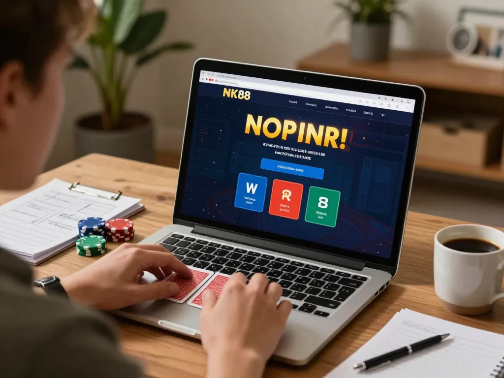 Engaging with NK88 online casino on a laptop in a cozy home setting with gameplay interface