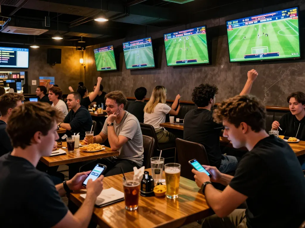 Enthusiastic fans engaging in sports betting while checking kết quả bóng đá on multiple screens in a lively sports bar atmosphere.