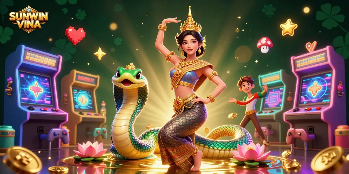 Engage in vibrant gaming at SUNWIN VINA, featuring Asian symbols and colorful arcade elements.