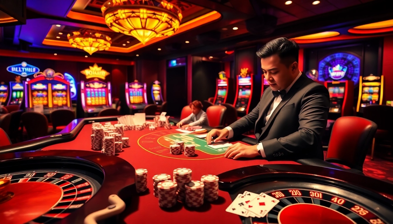 Experience thrilling poker action at 98Win's luxurious casino with vibrant tables and exciting atmosphere.