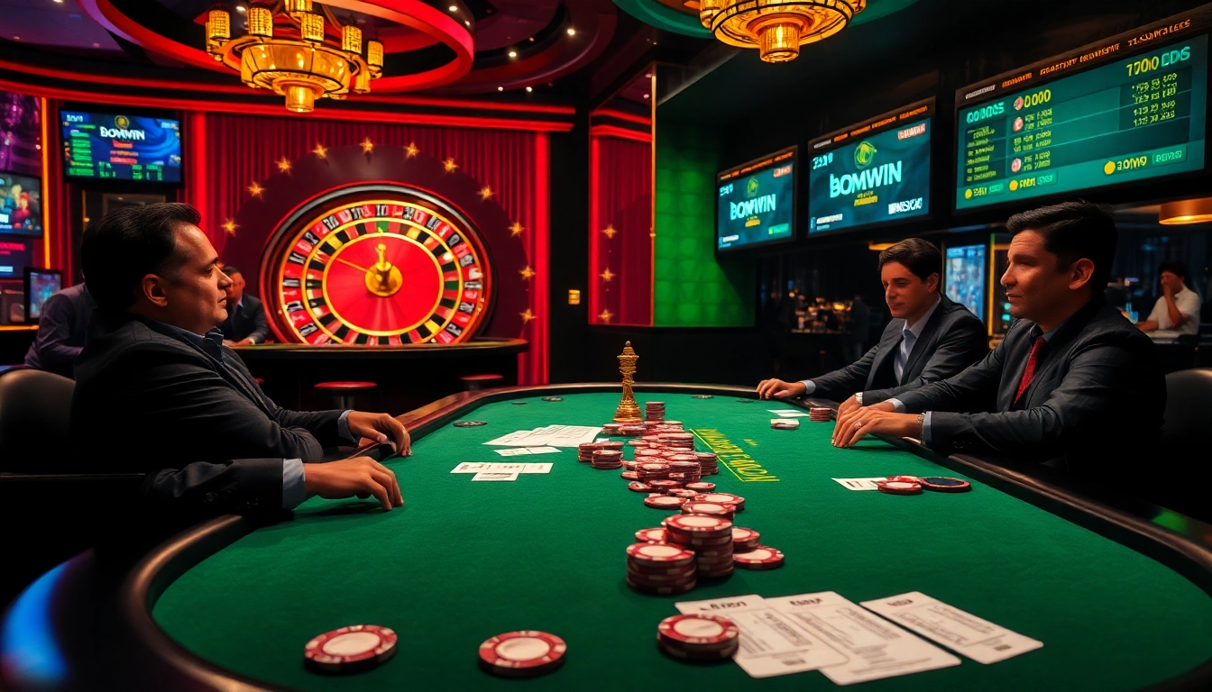 Action-packed poker scene with casino chips and cards, showcasing bomwin gaming excitement.