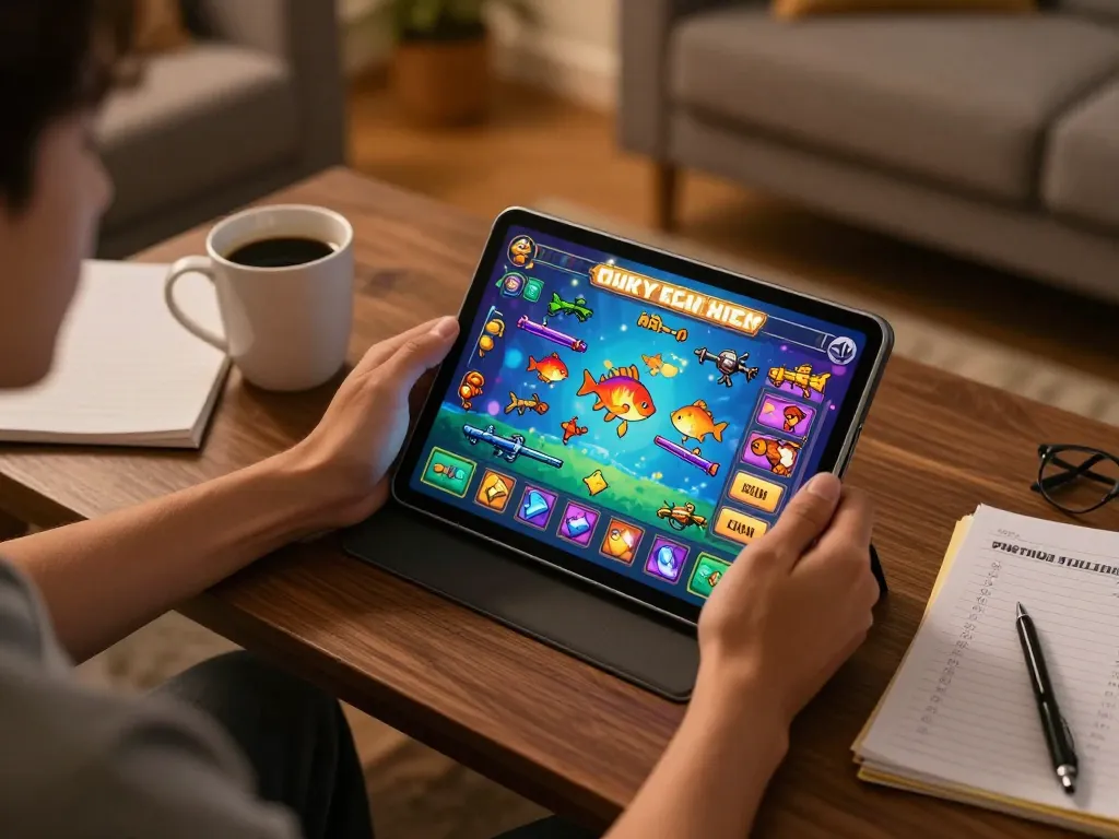 bắn cá đổi thưởng gameplay on a tablet in a cozy living room with strategic notes.