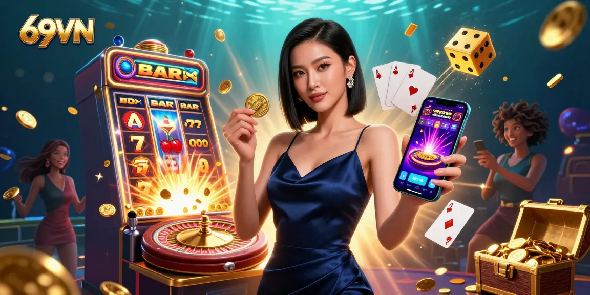 Join the excitement at 69VN with a photorealistic casino scene featuring vibrant games and stunning visuals.
