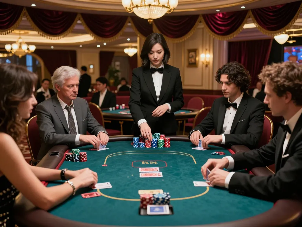 Players at kp88 engage in a thrilling poker game at a high-roller table, showcasing a luxurious casino atmosphere.