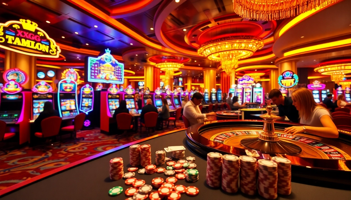 Players enjoying the excitement of roulette and poker at XXGG casino with vibrant gaming ambiance.