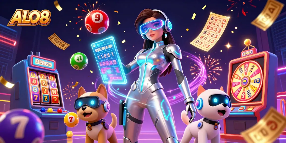Play thrilling games at ALO8 with vibrant lottery balls, confetti, and a dynamic casino scene.