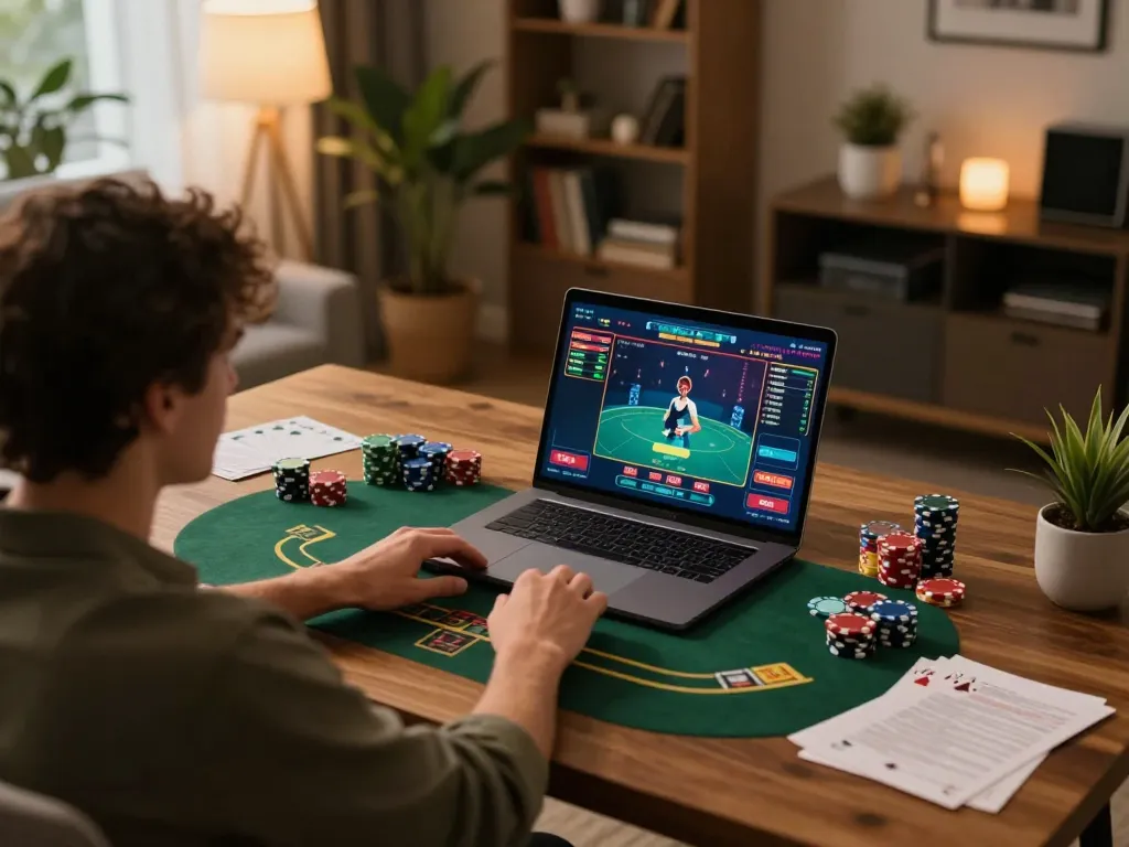 Engaging in LV88 online casino gaming, showcasing a player's active poker game on a laptop.