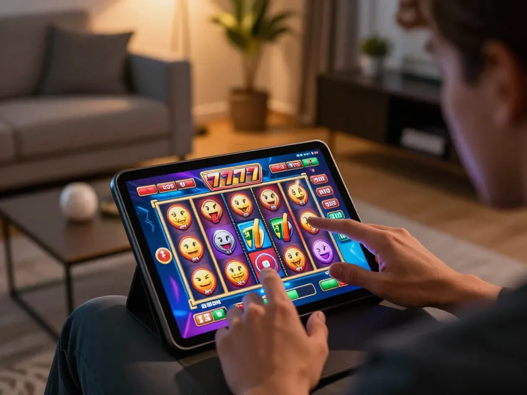 Engaging with the slot777 game on a tablet, immersed in online gaming experience, and showcasing a vibrant atmosphere