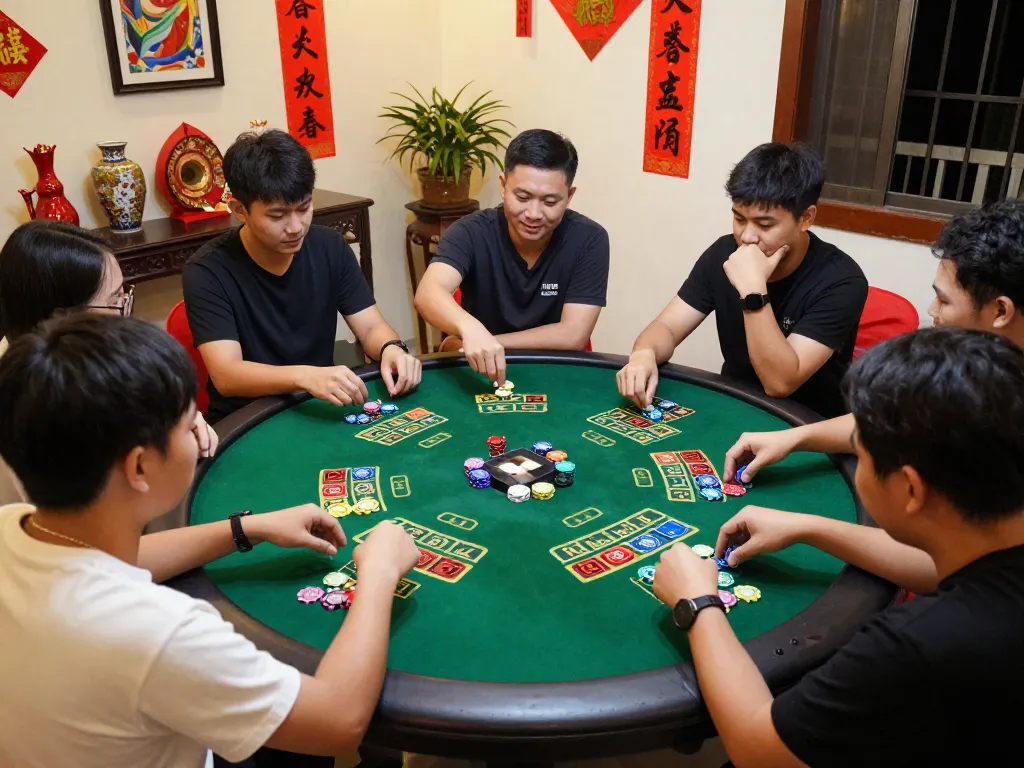 xóc đĩa game night with engaged players making bets on a round table filled with colorful tokens and traditional decorations