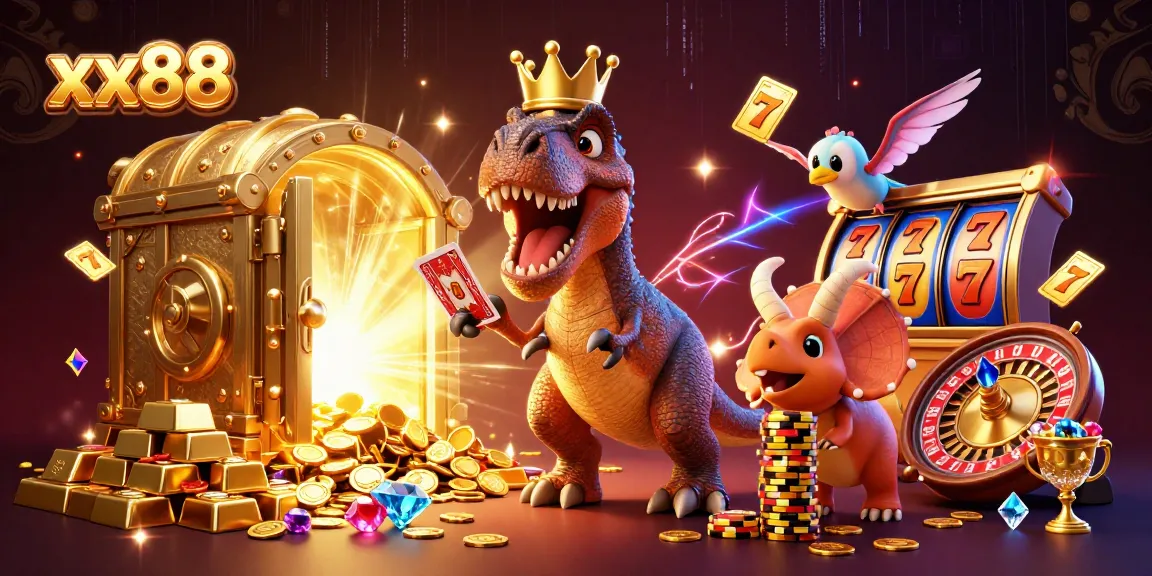 Engage with thrilling xx88 casino action featuring a T-Rex shuffling cards, showcasing excitement and entertainment.