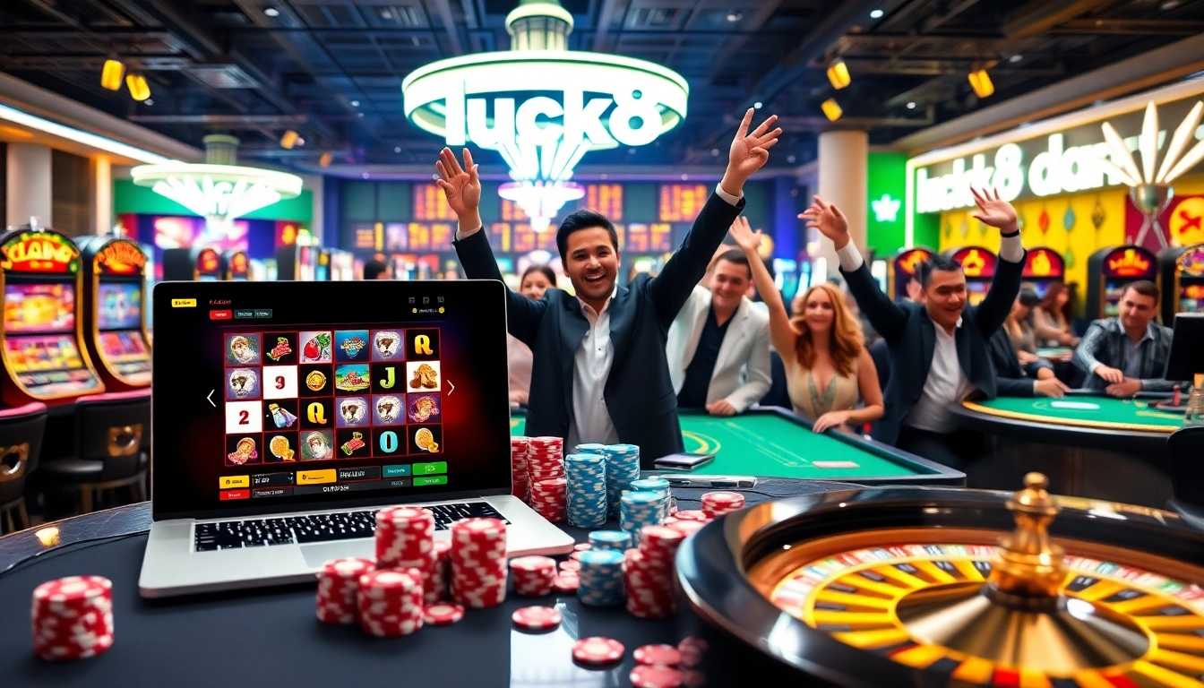luck8 online casino interface with vibrant games, excited players, and modern devices
