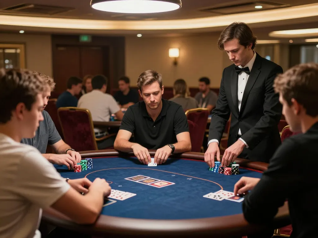 SV66 poker players strategizing with chips stacked at an elegant table in a luxury casino.
