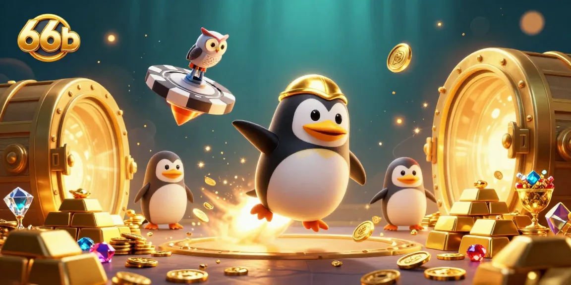Experience thrills at 66b as the golden penguin rockets through casino space with treasures bursting forth.
