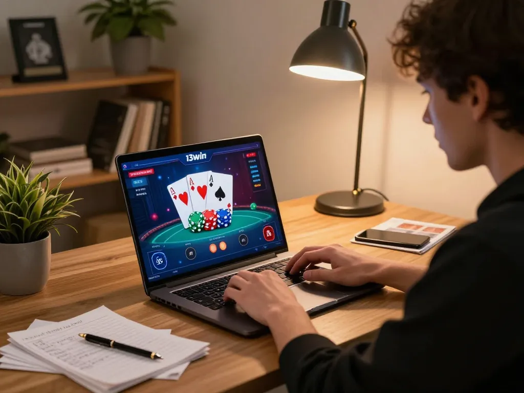 Player engaging with the 13win poker game interface on a laptop at home, showcasing an exciting online gambling atmosphere.