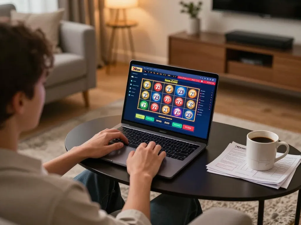 Experience 789win online casino gaming in a cozy home setup, with strategy notes and vibrant game interface.