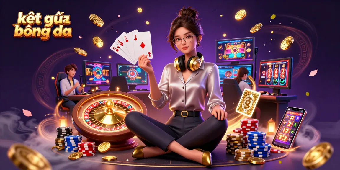 Engage with kết quả bóng đá in a lively scene featuring elegant Asian woman gaming at a high-tech setup, surrounded by casino elements.