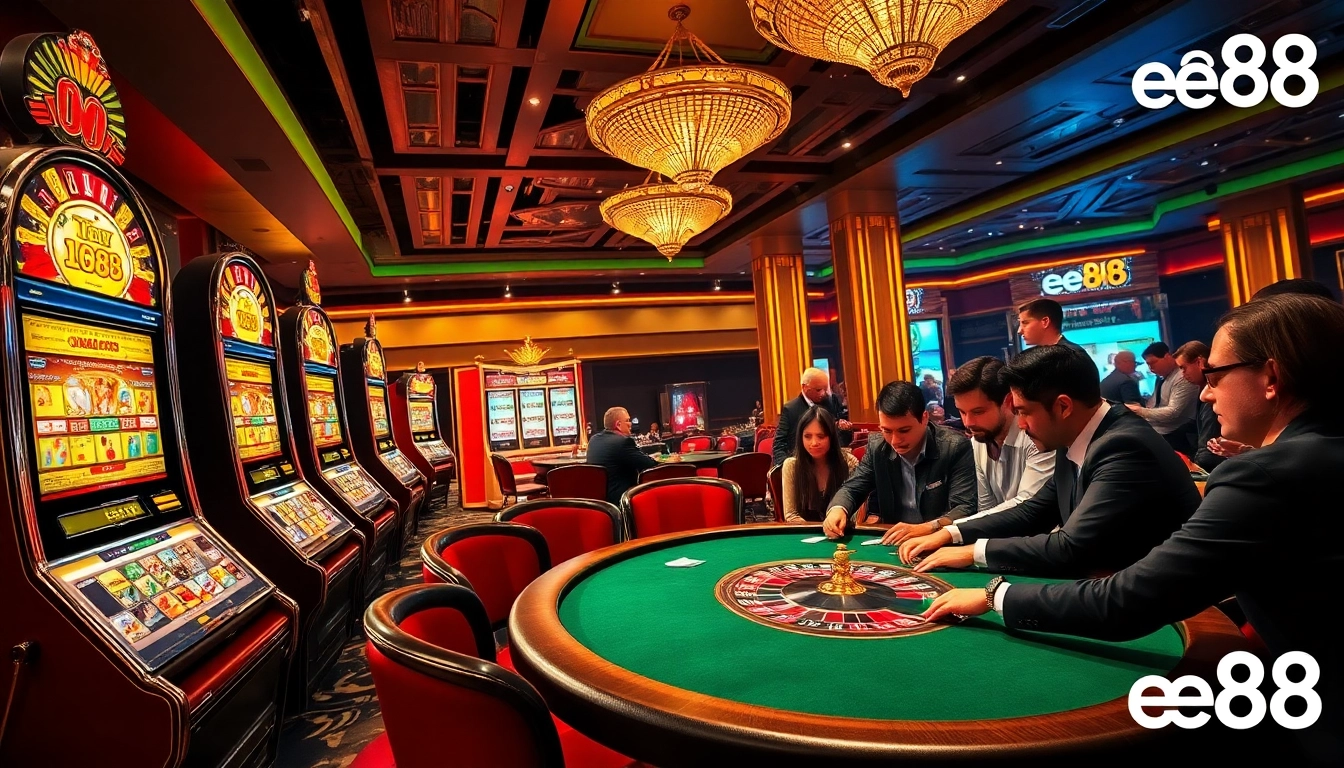 Players enjoying high-stakes excitement at ee88 casino, showcasing vibrant slot machines and poker tables.