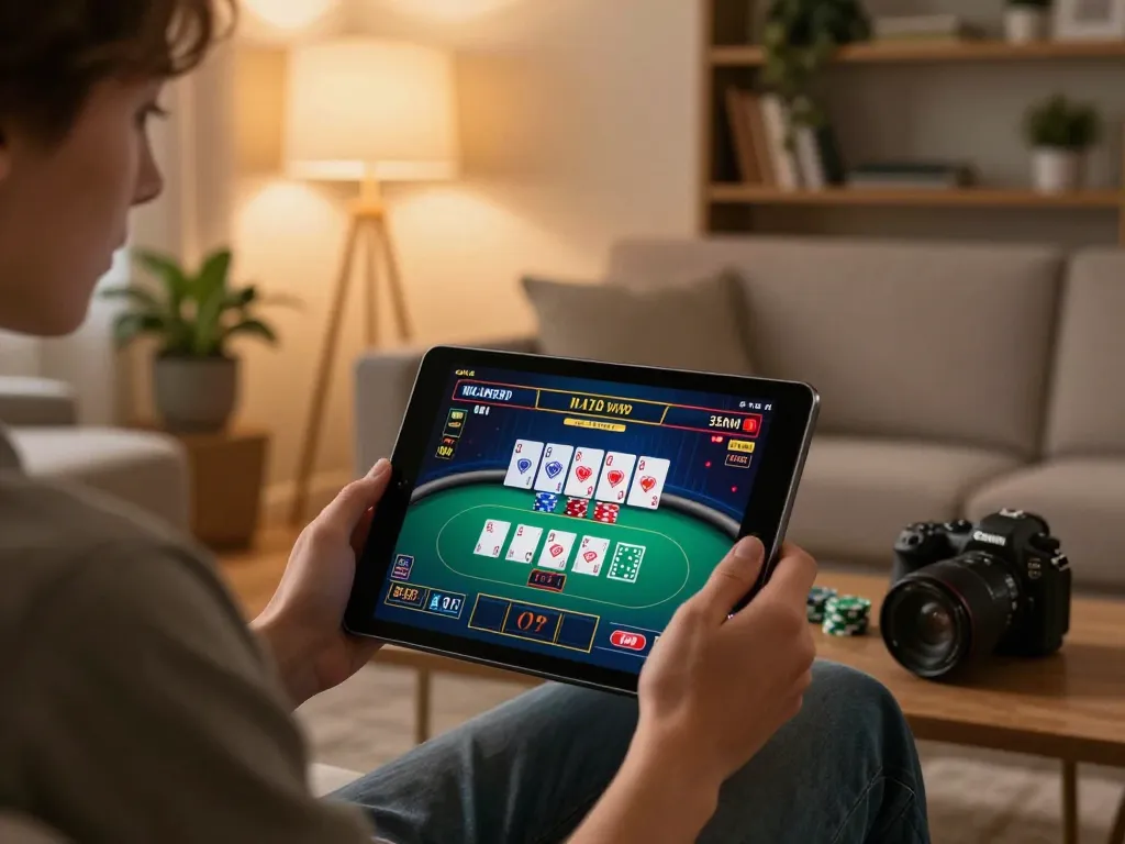 Player enjoying jun88 online casino experience on a tablet at home, showcasing a lively poker game atmosphere.