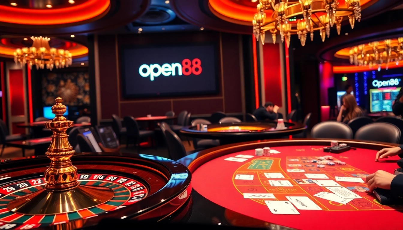 open88 logo displayed prominently on a vibrant casino table with chips and cards.