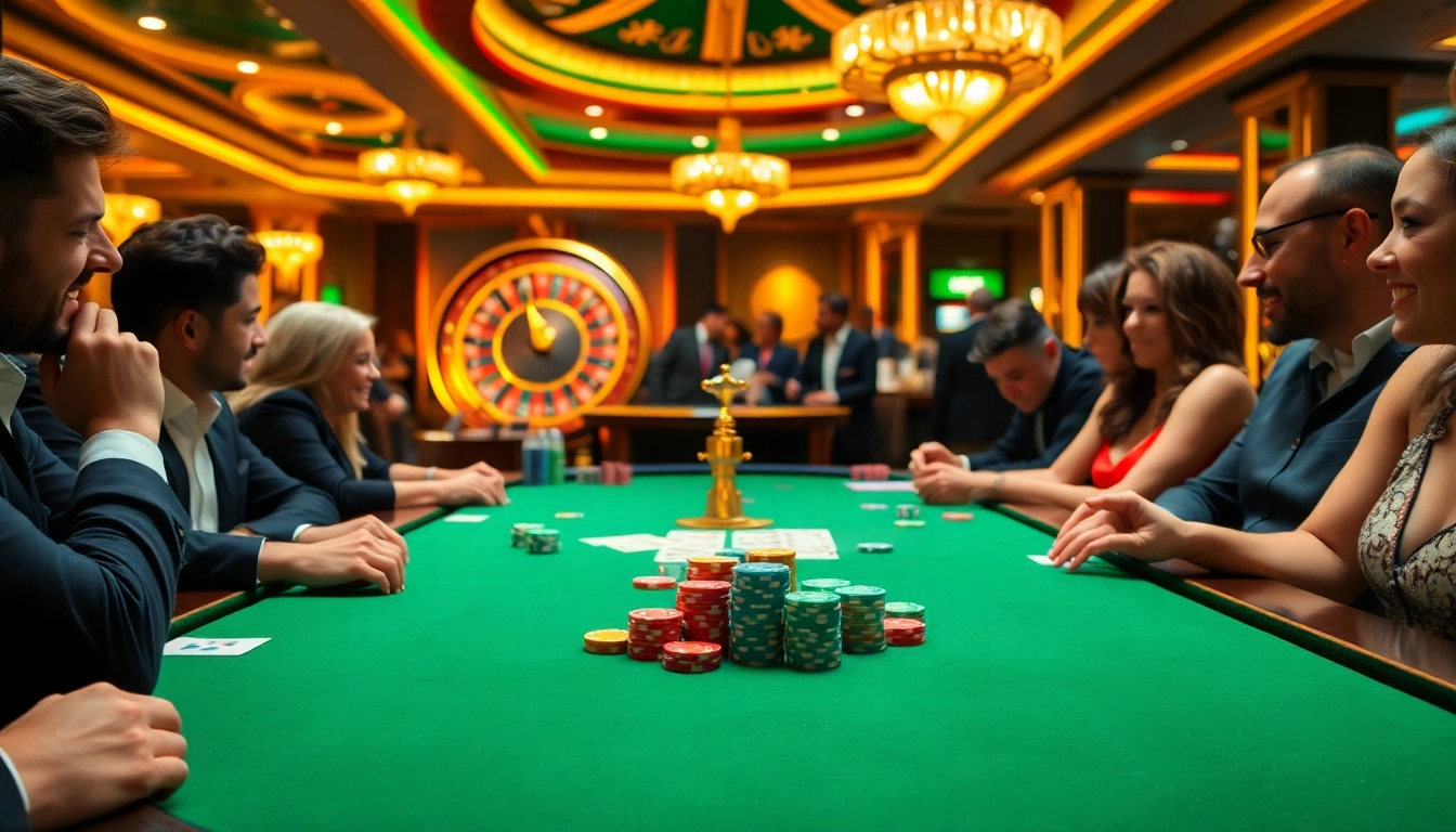Players engaging in an exciting poker game at xoso66 casino table filled with colorful chips and cards.