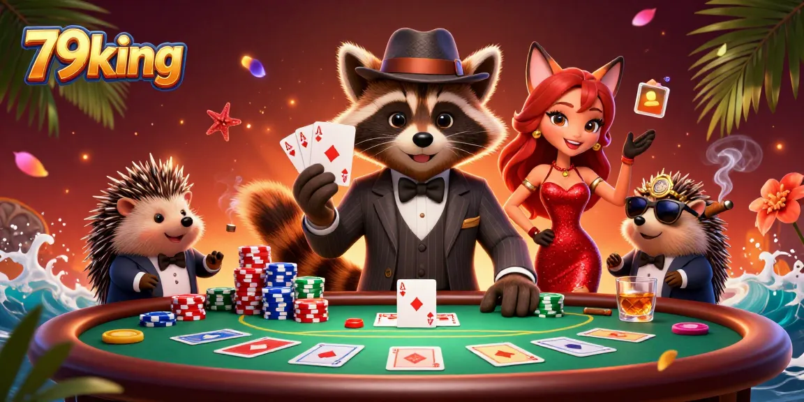 Experience the thrilling poker action at 79king showcasing a suave raccoon in a suit and glamorous fox lady, surrounded by vibrant casino elements.