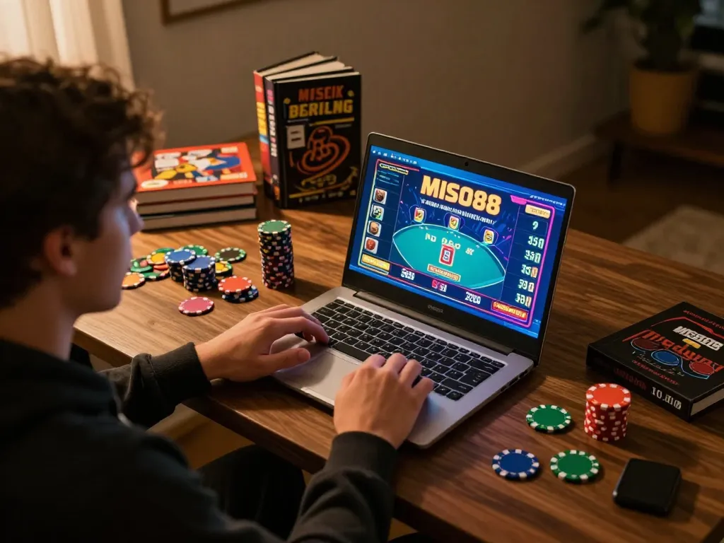 MISO88 player engages in strategic online casino games at home with laptop and gaming guides.