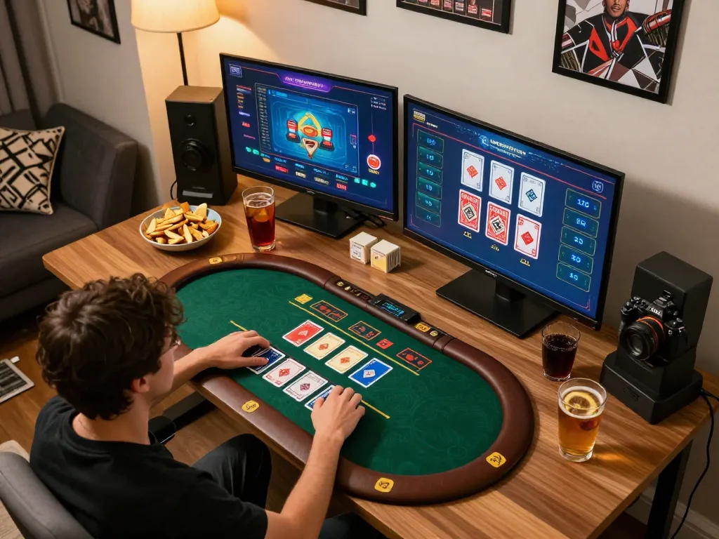 Engaging online poker game at home with https://ok365.best/ displayed on a laptop and cozy atmosphere.