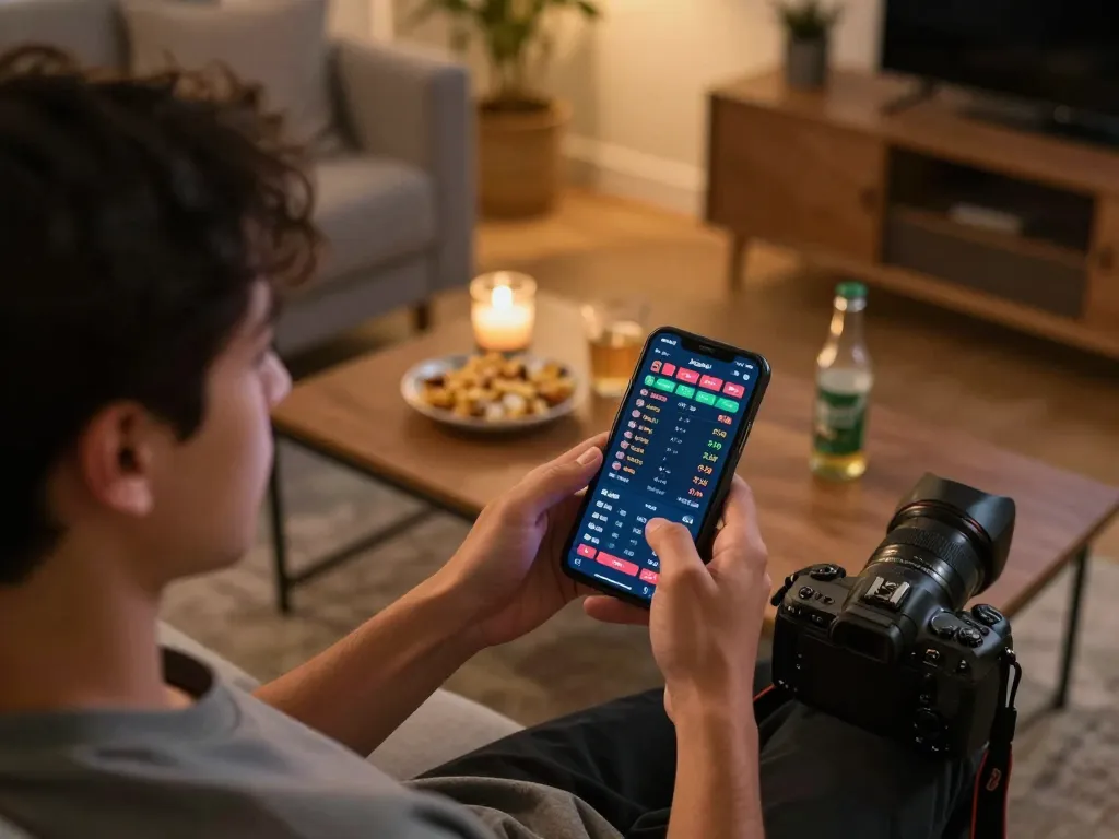 Engaging sports betting session on a smartphone showing thabete odds and live updates in a cozy setting