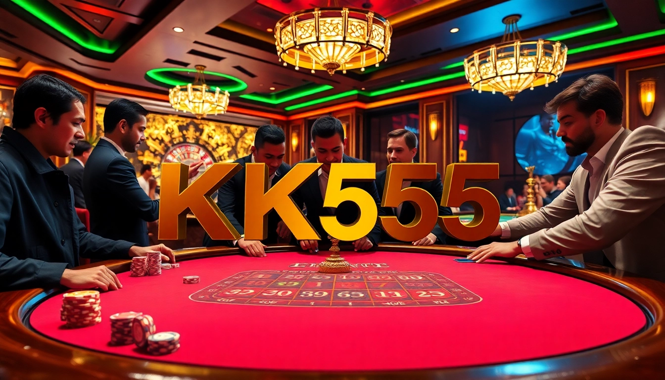Players enjoying a thrilling game of poker at KK55 casino, showcasing excitement and luxury.