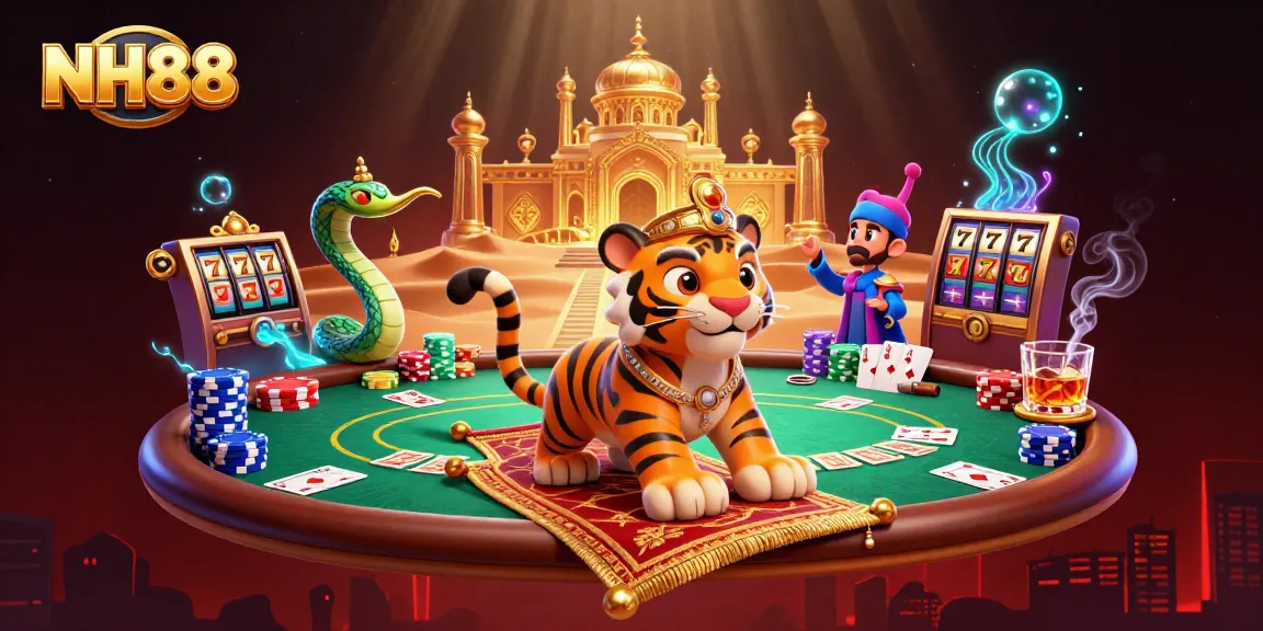 Win big at NH88's vibrant casino with a magical Arabian-themed scene featuring a tiger sultan!