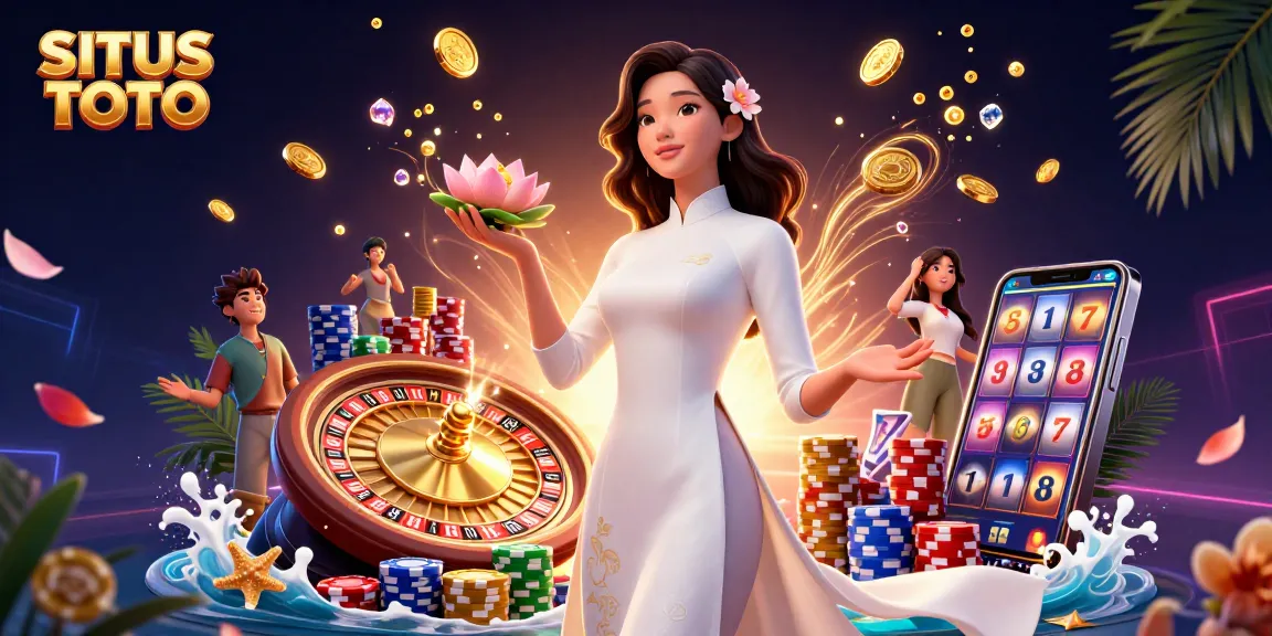SITUS TOTO showcases an Asian woman in a casino scene filled with coins, cards, and roulette wheels.