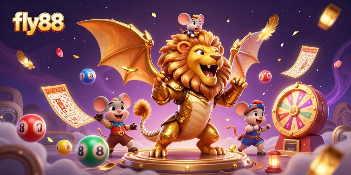 Experience thrilling gameplay at fly88 with a vibrant casino scene featuring a roaring chimera and dynamic game elements.