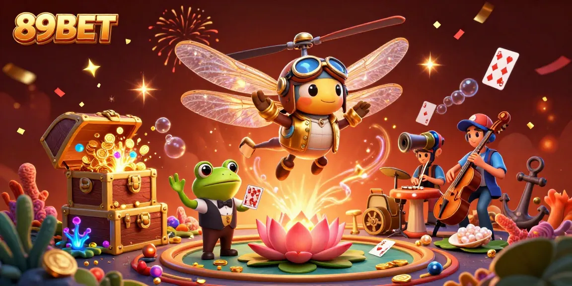 Experience excitement at 89BET with a lively scene featuring a frog dealer, dragonfly pilot, and jazz musicians.
